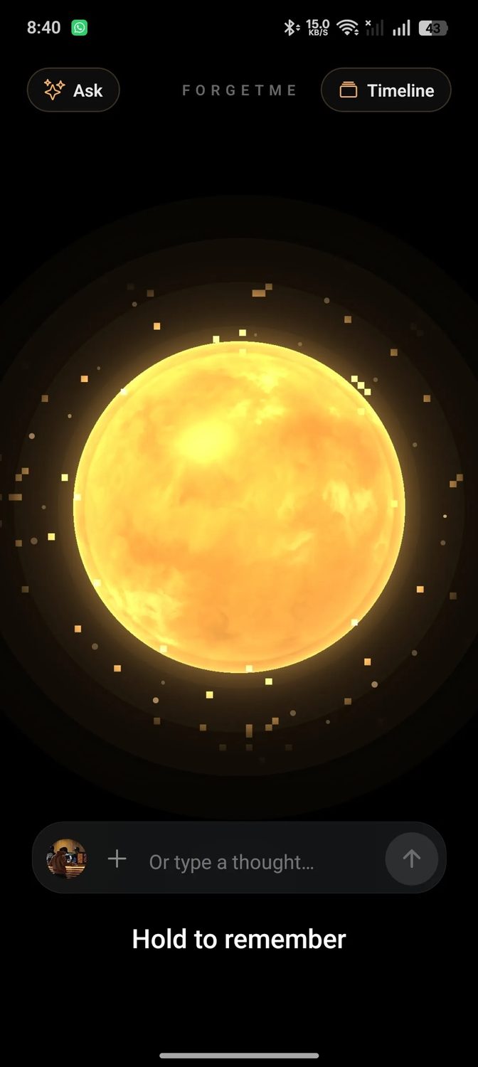 ForgetME running on Android: the capture screen with a glowing orb and live audio bars.